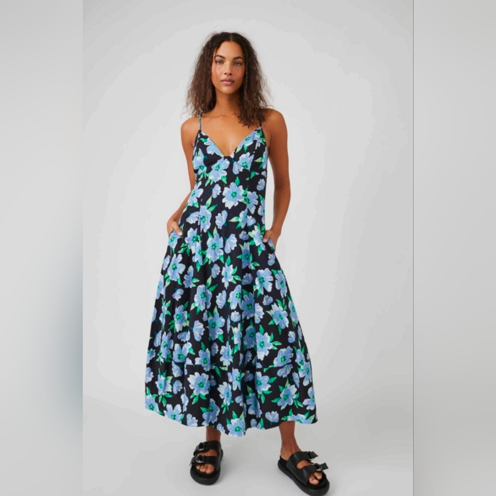 Free People Black Floral Midi Dress with Blue and Green Flowers